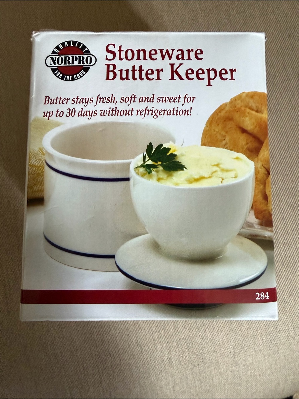Norpro Stoneware Butter Keeper in White with Blue Trim